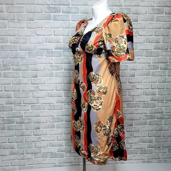 Vintage 50s 60s Dorings XL Abstract Satin Short Sleeve Midi Dress Pinup - Picture 4 of 12